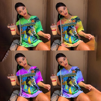 外贸夏独立站Wish亚马逊新款女装 涂鸦印花圆领短袖宽松型上衣t恤