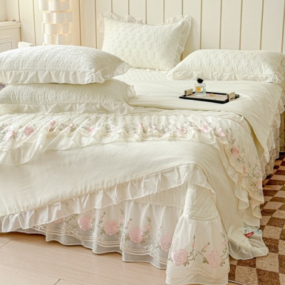 韩版水洗棉夏凉被床盖款四件套少女心空调水洗花边床裙夏被空调薄