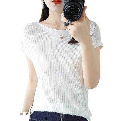 冰丝针织衫女宽松短袖显瘦t恤2023夏季新款内搭上衣一字领薄外穿