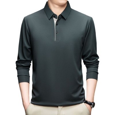 跨境外贸冰丝弹力薄款长袖t恤男式春秋季中年休闲打底polo衫上衣