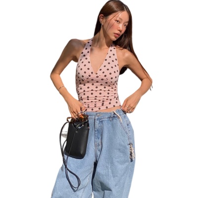 2025夏季女装新款辣妹性感黑色波点印花百搭露背V领挂脖紧身背心