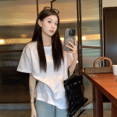 简约白色休闲基础款短袖T恤女装早春慵懒风圆领宽松显瘦套头上衣