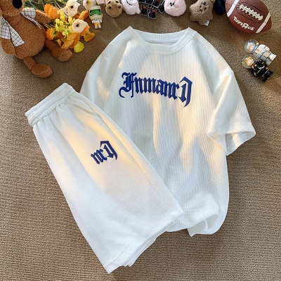 华夫格休闲运动套装男士宽松透气T恤上衣春夏秋季冰丝凉感短袖