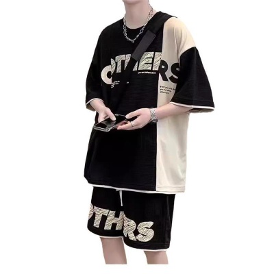 拼色华夫格休闲套装男士夏季宽松短袖短裤搭配帅气运动服男装一套