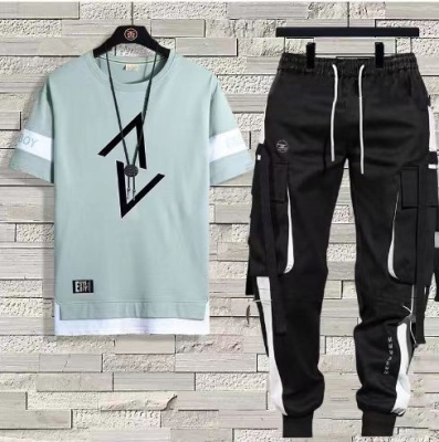 短袖t恤男士夏季薄款休闲长裤运动套装男装一套宽松半袖体恤