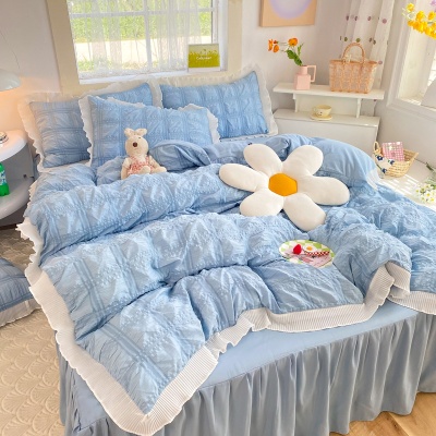 韩系ins风纯色水洗棉泡泡纱四件套少女心床单被套学生宿舍三件套