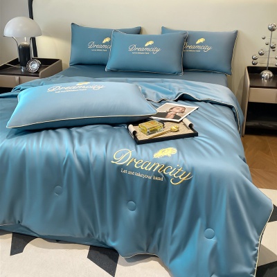 凉感真丝刺绣夏被四件套轻奢风可水洗空调被透气亲肤撞色滚边套件