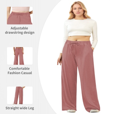 跨境欧美大码阔腿休闲裤慕斯暖绒带口袋女200斤宽松抽绳阔腿长裤