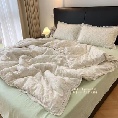 新品！全棉双层纱蕾丝花边款四件套A类母婴纯棉纱布学生宿舍三件