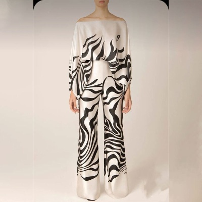 2025春季新款套装欧美女装印花圆领宽松蝙蝠袖收腰阔腿裤时尚套装