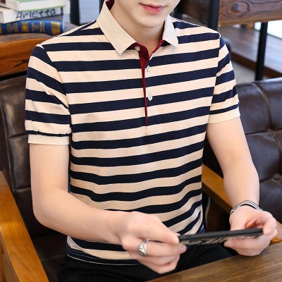 宾杰严选夏季新款男士短袖T恤条纹棉薄款商务翻领男装polo衫男款