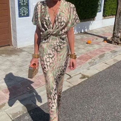 2025独立站欧美外贸女装时尚紧身印花扭结中腰性感V领春季连衣裙