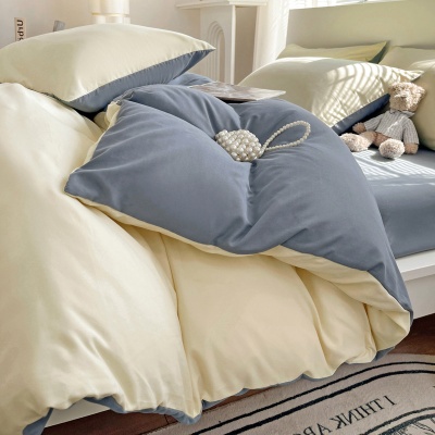 厂家批发撞色磨毛纯色床上用品四件套 简约三件套被套一件代发