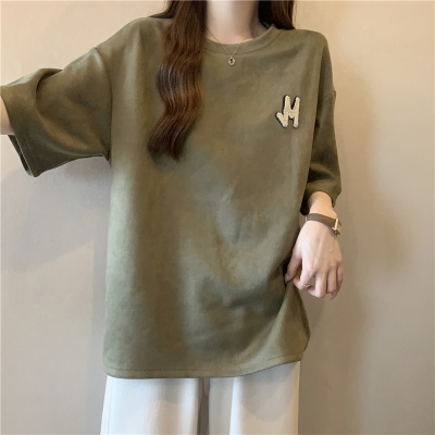 欧美风外贸短袖T恤女夏装宽松大码绣花字母半袖外穿打底衫上衣