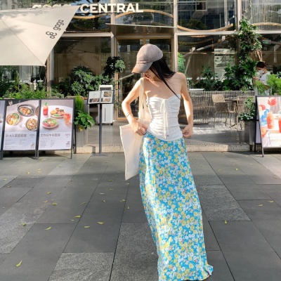 海边度假风套装法式抽绳抹胸背心上衣女夏季蓝色碎花半身裙两件套