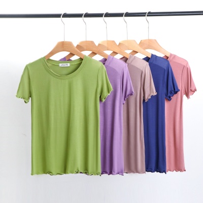 2025款百搭上衣圆领飞边木耳边短袖显瘦内搭通勤夏女T恤打底衫