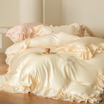 法式公主风贡缎全棉长绒棉四件套花边奶油风纯棉被套床单床上用品