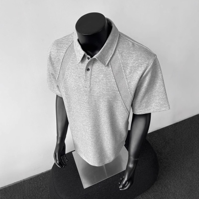 美式重磅空气层正肩结构拼接短袖男t恤polo衫boxy版型短袖t恤男