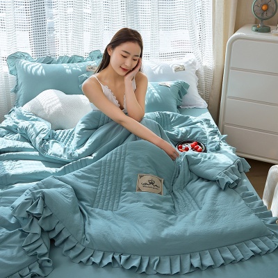 网红款夏凉被四件套空调被三件套韩版纯色夏被水洗棉薄被子可机洗