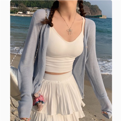 红色冰丝防晒针织开衫女夏天轻薄款小披肩外搭配吊带薄纱外套上衣