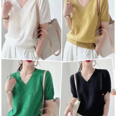 欧货设计感V领针织T恤女2024春夏新款百搭宽松时尚显瘦短袖针织衫