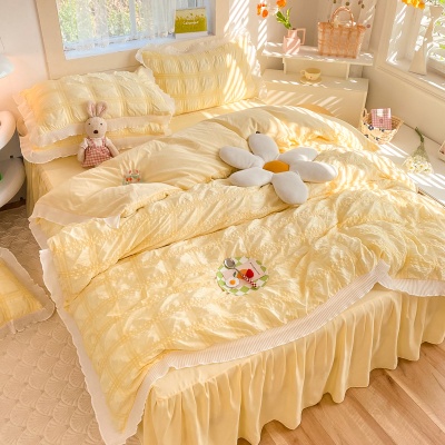 韩系ins风纯色水洗棉泡泡纱四件套少女心床单被套学生宿舍三件套