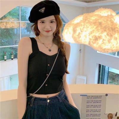 新款纽扣辣妹吊带女带胸垫背心打底内搭爆款夏季女装上衣薄款美背