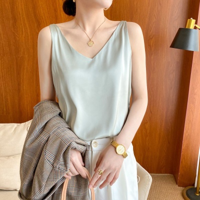 24真丝吊带背心女内搭西装白色黑色打底缎面桑蚕丝上衣小夏季v领