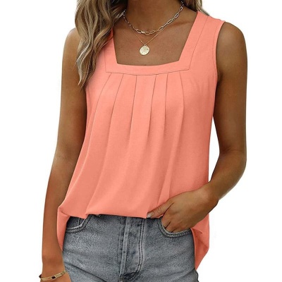 2025外贸爆款无袖方领背心t恤女纯色褶皱燕尾吊带时尚内搭上衣