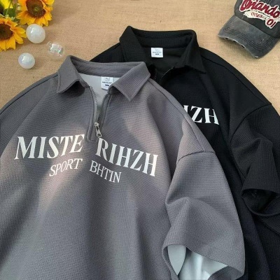 华夫格美式复古翻领t恤短袖男Polo衫重磅潮牌ins潮流体恤半袖夏装
