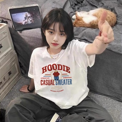 夏季新款短袖t恤女纯棉宽松韩版ins女装百搭卡通印花内搭半袖上衣