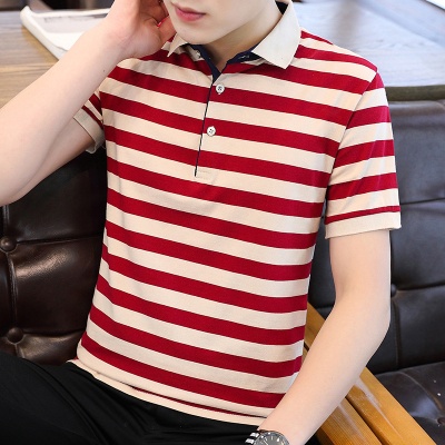 宾杰严选夏季新款男士短袖T恤条纹棉薄款商务翻领男装polo衫男款