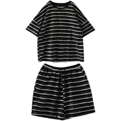 2024夏季大码女装时尚条纹短袖T恤短裤宽松遮肉显瘦休闲两件套装