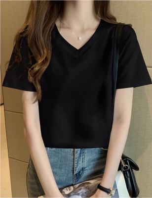 纯棉V领短袖T恤女内搭2024年春夏季新款220g正肩打底白色半袖上衣