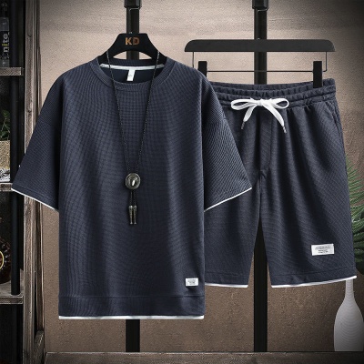 华夫格T恤男士短袖冰丝夏季搭配一套装帅气休闲运动衣服裤薄款