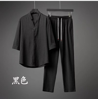 跨境爆款男装轻奢超薄五分袖套装男夏季大码宽松中袖两件套2023潮