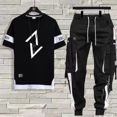 短袖t恤男士夏季薄款休闲长裤运动套装男装一套宽松半袖体恤