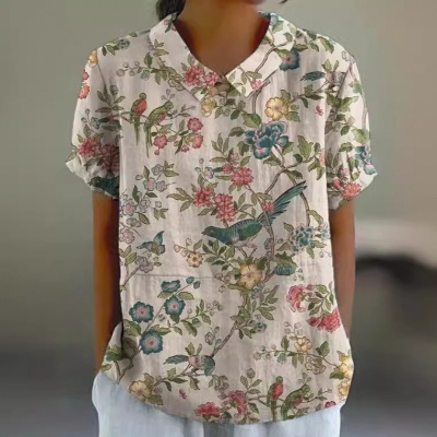 跨境外贸2024夏季女装新款亚马逊宽松印花圆领休闲大码套头女装T