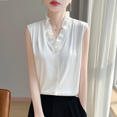 gao级感缎面木耳边背心吊带女v领夏季无袖上衣气质内搭衬衣打底衫