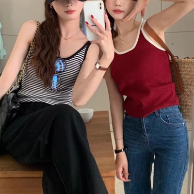 春夏内搭撞色条纹修身百搭外穿针织背心韩版打底螺纹棉带胸垫吊带