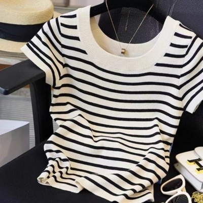 黑白条纹正肩短袖T恤女夏季薄款法式高级感针织衫小个子上衣女装