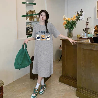 短袖t恤连衣裙子夏季大码休闲宽松胖mm遮肚显瘦开叉过膝长款裙女