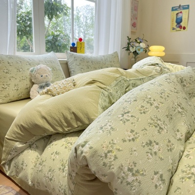 A类双层纱水洗棉四件套单人床单被套纯棉三件套高级感被罩床笠款