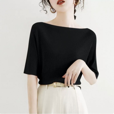 一字肩上衣女夏季2024新款内搭温柔风五分袖设计感小众冰丝针织衫