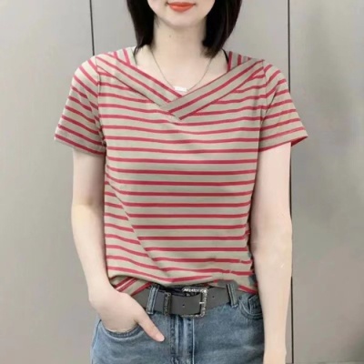 【实价】女士t恤短袖2023新款百搭显瘦宽松大码休闲条纹v领上衣女