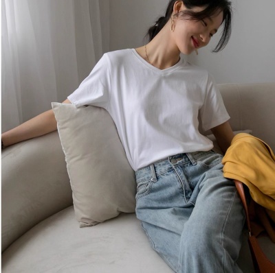 纯棉V领短袖T恤女内搭2024年春夏季新款220g正肩打底白色半袖上衣