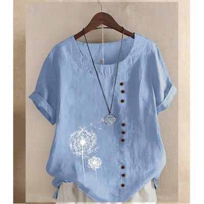欧美外贸女装亚马逊纽扣短袖印花休闲街头装 圆领常规棉麻上衣T恤