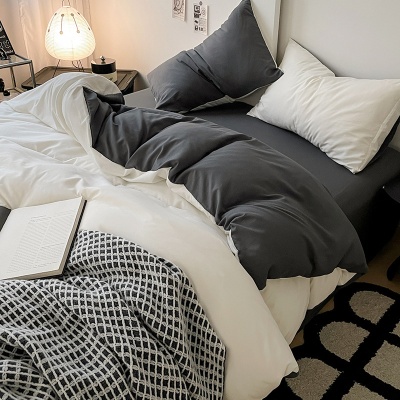 ins风纯色双拼水洗棉床上四4件套学生宿舍床单被套雾霾灰三件套