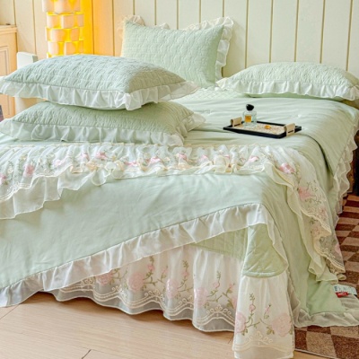 韩版水洗棉夏凉被床盖款四件套少女心空调水洗花边床裙夏被空调薄
