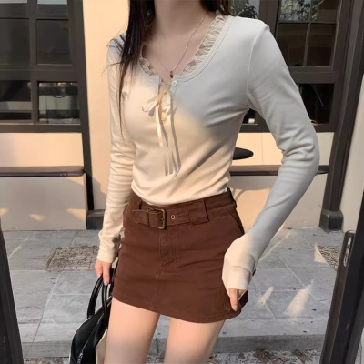 藏蓝色三粒扣上衣女美式复古bm修身短款罗纹长袖打底衫T恤女秋冬